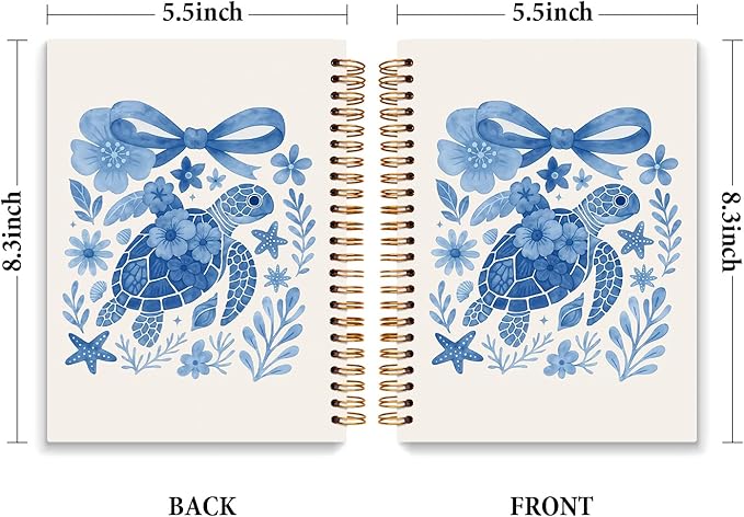 JXREQ Cute Blue Bow Sea Turtle Notebook Floral Journal Notebook for Women Note Taking Office School Supplise, Sea Turtle Gifts Journal for Women Turtles Lovers, Blue Spiral Notebooks 5.5x8.3