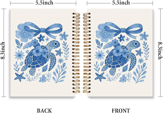 JXREQ Cute Blue Bow Sea Turtle Notebook Floral Journal Notebook for Women Note Taking Office School Supplise, Sea Turtle Gifts Journal for Women Turtles Lovers, Blue Spiral Notebooks 5.5x8.3