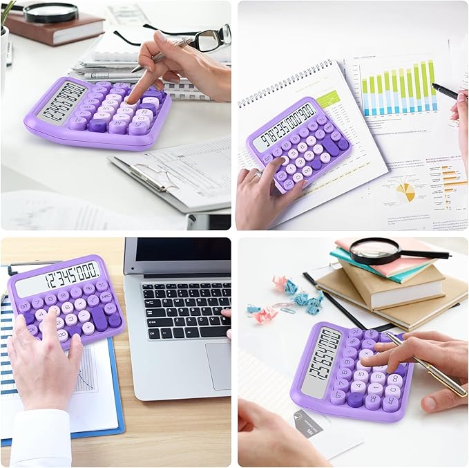 Mechanical Switch Calculator, 12 Digits, Large LCD Display, Pink, Big Buttons, Desktop, Cute, for Everyday Life and Basic Office Work
