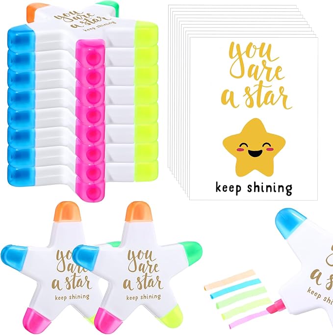 12 Sets Back to School Gifts for Students Star Highlighters with You're a Star Cards Gift Bags 5 in 1 Fluorescent Pens Affirmation Gifts for First Day of School Party Favor (Shining)