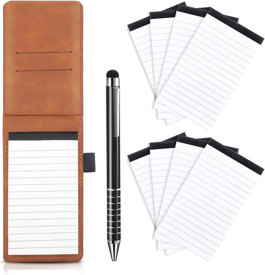 Outus 10 Pcs Mini Pocket Notepad Holder Set Included Mini Pocket Notepad Holder with 50 Lined Sheets, Metal Pen, 8 Pcs 3 x 5 Inch Memo Book Refills, 30 Lined Paper Per Note Pad (Camel，white)