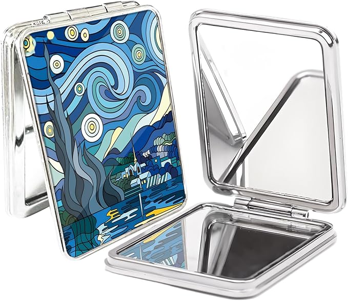 Compact Pocket Mirror, Cute Travel Mini Mirror with Magnification, Foldable Double-Sided Portable Cosmetic Mirror for Men, Women Starry Night