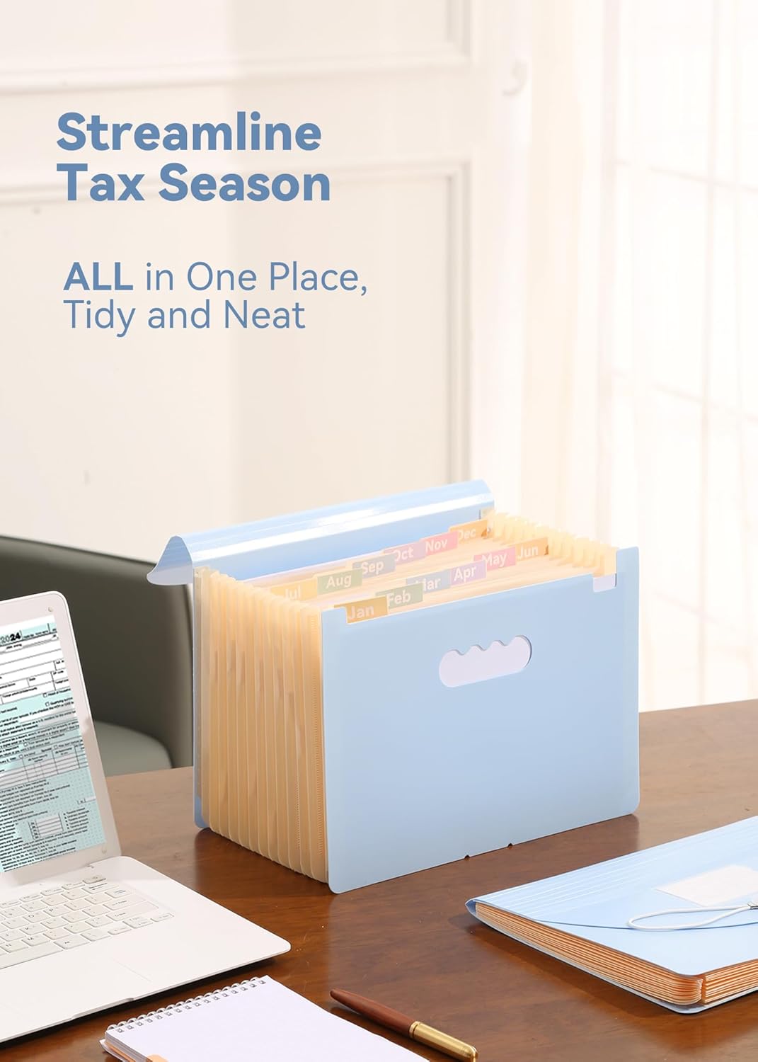 Accordion File Organizer 12 Pockets, Monthly Bill Receipt Tax Organizer, Expanding File Folders with Larger Bright Tabs, Fits Letter/A4 Size - Blue