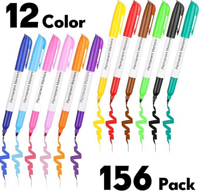 Thenshop 156 Pcs Permanent Markers Bulk 12 Assorted Colors Fine Point Permanent Marker Waterproof Fast Dry Work on Paper Glass Metal Plastic Wood Stone for Back to School Office Supplies(Multicolor)