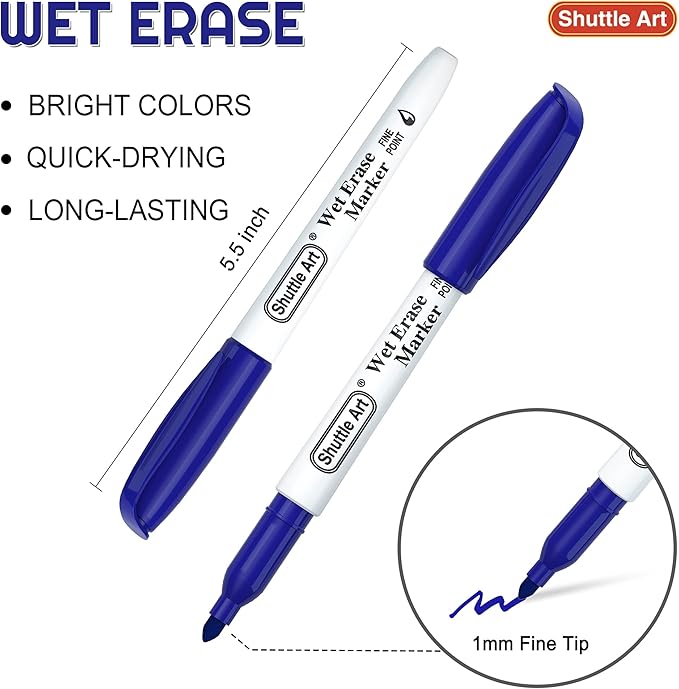 Shuttle Art Wet Erase Markers, 15 Pack Blue 1mm Fine Tip Smudge-Free Markers, Use on Laminated Calendars, Overhead Projectors, Schedules, Whiteboards, Transparencies, Glass, Wipe with Water
