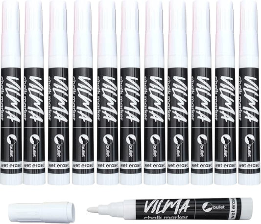 Vilma White Liquid Chalk Markers - Wet Erase, Window Markers for Chalkboards, Blackboards, Glass, 12 Pack