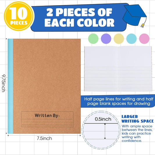 Henoyso 10 Pcs Primary Composition Notebook 9 3/4 x 7 1/2 Inch Kids Journal, Back to School Supplies, K-2 Primary Writing Notebook for Kids Student Draw and Write Story Journal (Macaron Color)