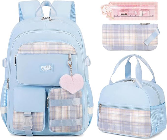 3PCS Student Backpack For School Women College Middle High Teen Girls Bookbag Waterproof Laptop Bag Plaid Blue