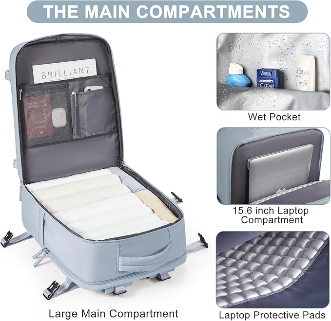 Large Travel Backpack Carry on Flight Approved Mochila De Viaje Carry on Backpack for Airplanes Spirit Airlines Personal Item Bag 18x14x8 Inches Travel Bag Traveling Backpack for Women Men Grey Blue