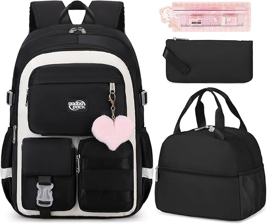 3PCS Girls Backpack For College Middle High School Student Teens Women Bookbag Waterproof Laptop Bag Black Beige