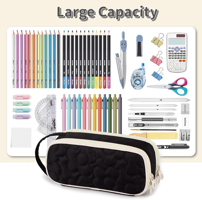 Pencil Case For Girls,Flower Quilted Large Capacity Pencil Pouch With 2 Compartment, Zipper Pencil Bag With Handle, Women Soft Pencil Box For Middle School Office College