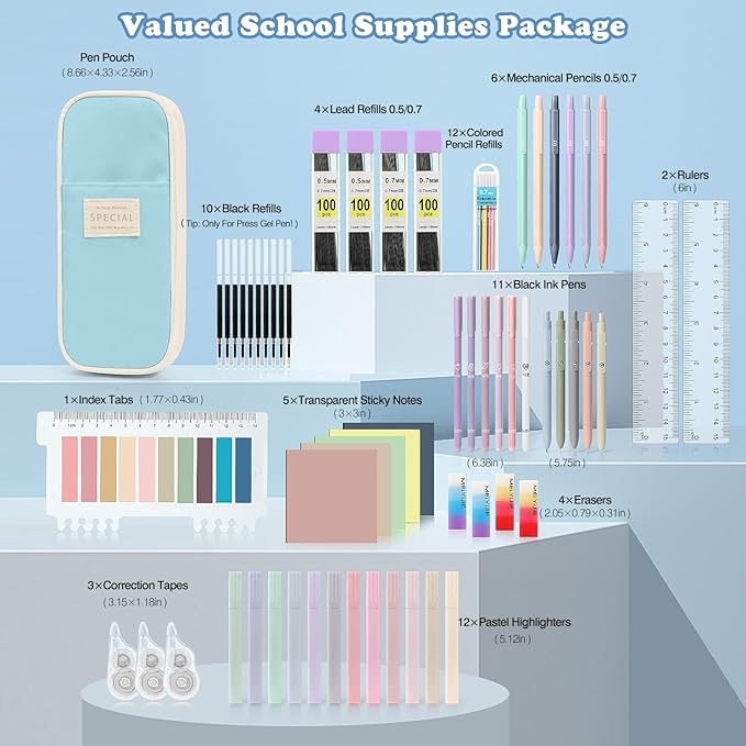 MoKo 60Pcs Aesthetic School Supplies with Cute Pencil Case, 12 Pastel Highlighters, 5 Black Ink Gel Pens, 6 Mechanical Pencil Set 0.5 & 0.7 mm for Students Stationary College Essentials, Blue