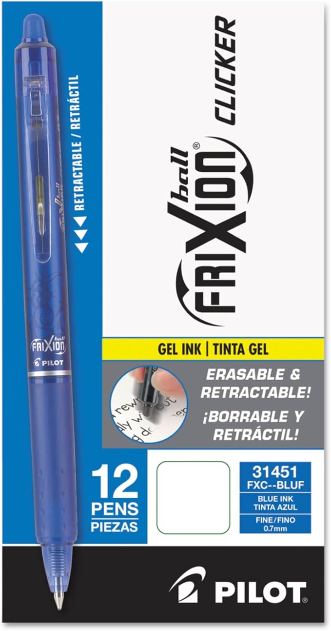 Pilot, FriXion Clicker Erasable Gel Pens, Fine Point 0.7 mm, Pack of 12, Blue