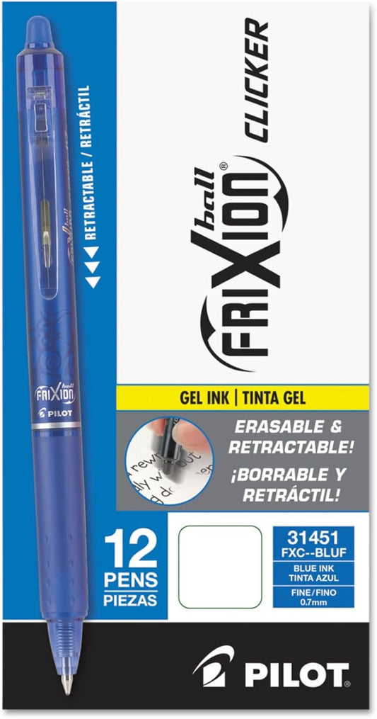 Pilot, FriXion Clicker Erasable Gel Pens, Fine Point 0.7 mm, Pack of 12, Blue