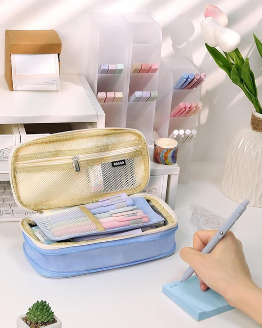 SKYDUE Cute School Supplies 44 PCS, Aesthetic Pencil Case with 12 Pastel Highlighters, 5 Black Gel Pens, 6 Color Gel Pens & Mechanical Pencils, College Essentials Students Stationary Set Blue