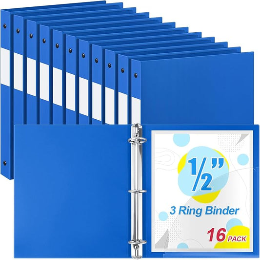 Henoyso 16 Pcs 3 Ring Binder 1/2'' Round Fits Letter Size 8. 5'' x 11'' Paper Plastic Flexible Binder Holds 100 Sheets with 1 Pockets Versatile Organizer for Office Home School (Blue)