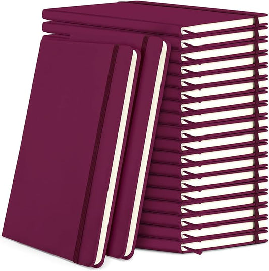 Honoson 20 Pack Lined Journal Notebooks A5 Hardcover Executive Notebook 5.5" x 8.3" PU Leather Wide Ruled Journals Bulk with Elastic Band for Home Business Office School Supplies(Burgundy)