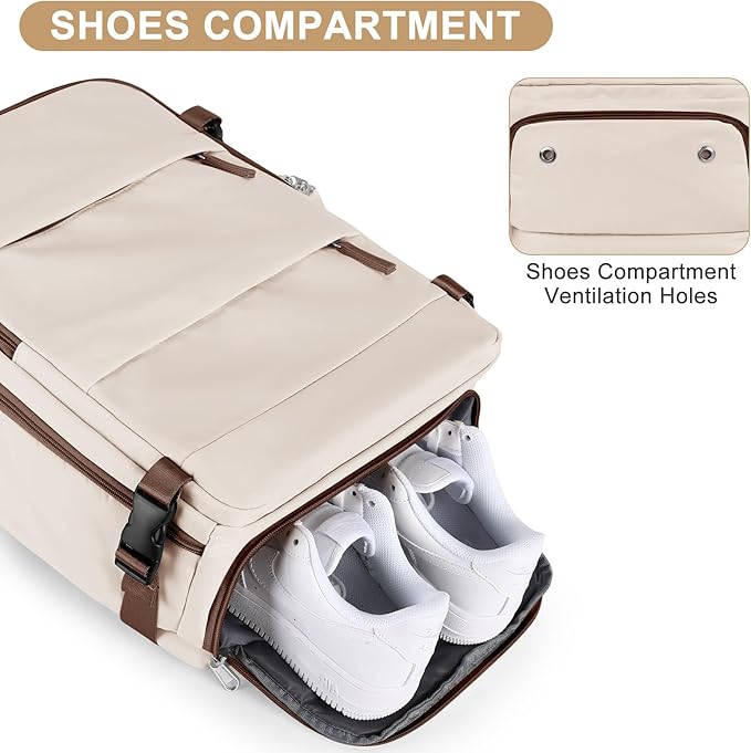 coofay Large Travel Backpack Carry on Flight Approved Mochila De Viaje Personal Item Travel Bag Backpacks for Men Women Carry on Backpack for Airplanes 18x14x8 Inches Travel Bag Beige with Brown