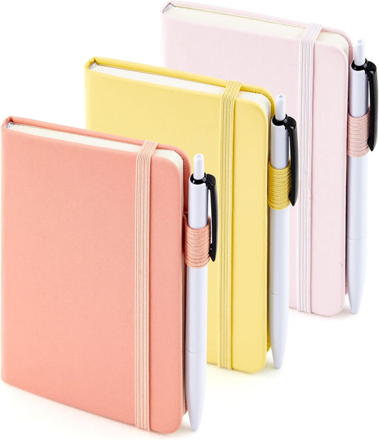 feela 3 Pack Pocket Small Notebook Journals, Mini Cute Hardcover College Ruled Notepad Women Office Supplies, with 3 Black Pens, 3.5”x 5.5”, A6, Pastel Colors, Light Yellow, Light Pink, Pale Orange