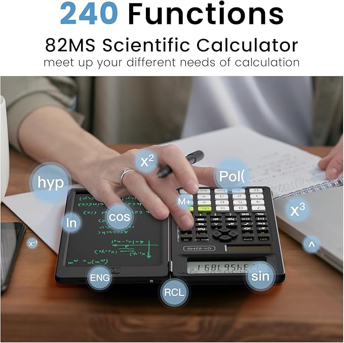 Scientific Calculators for School with Notepad, ROATEE Middle and High School Supplies for Student, 82 MS Foldable 2-Line Display Science Calculator with Writing Tablet, Solar and Battery Power Black