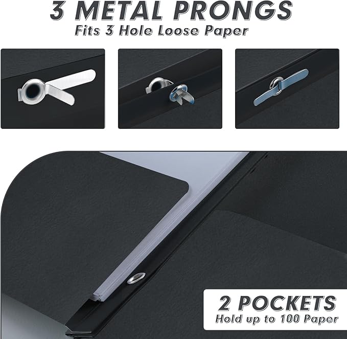 Two Pocket Folders, PANDRI 30 Pack Two Pocket Folders with Prongs, 3 Prong Folders Designed for Office and Classroom, Letter Size Black