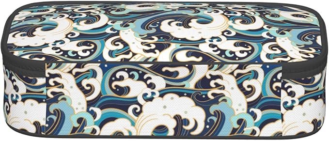 Japanese Ocean Waves Large Pencil Case With Zipper Compartments Stationery Pencil Bag For Kids Teens Students School Supplies
