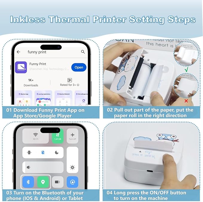 Mini Sticker Printer, Portable Thermal Inkless Sticker Maker with 8 Rolls Coloed Paper & 12 Pens, Wireless Thermarote Printers for Travel, Photos,Study Notes, Scrapbook, Journal, Memo (Blue)