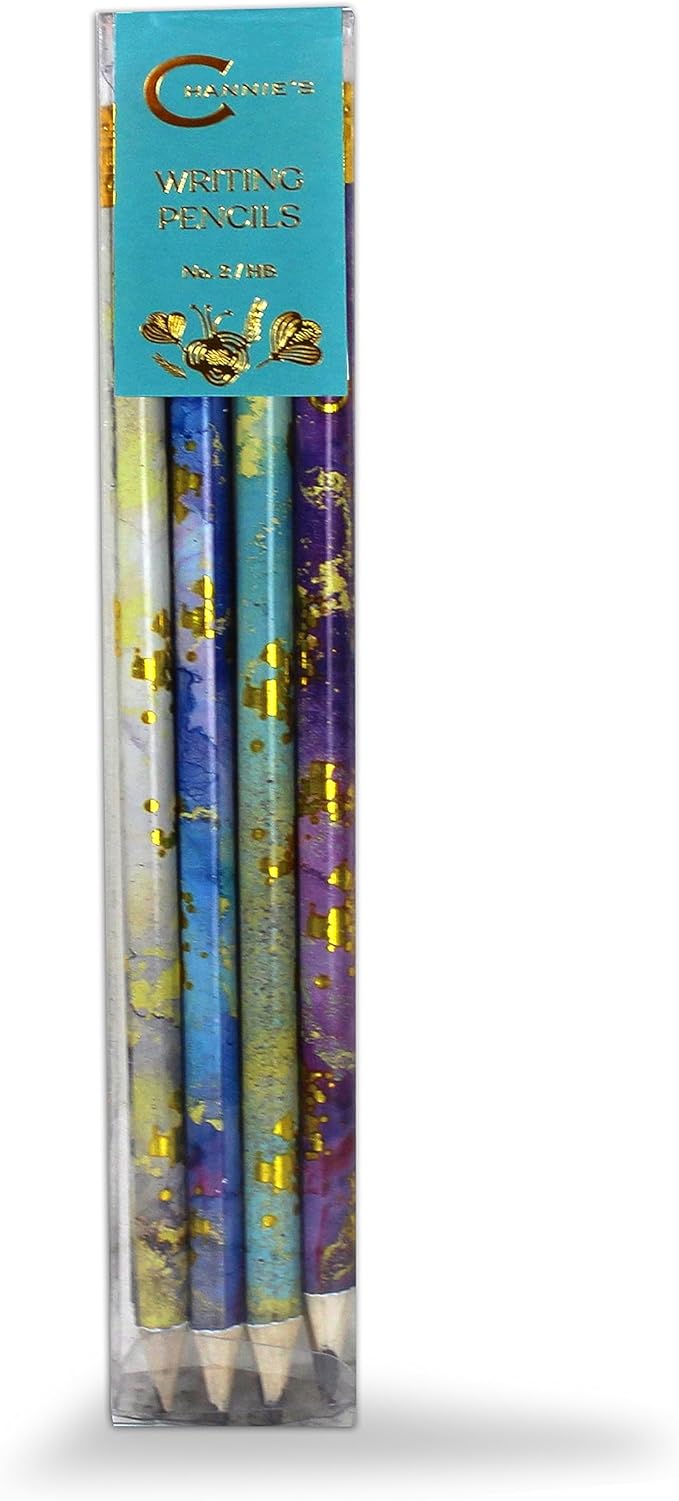 Channie's No. 2 HB 4 Gold Leaf Pencils Set of 12 - Fun Wooden Pencils with Colorful Abstract Patterns - Cute Desk Accessories