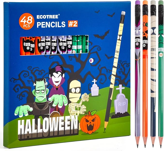 ECOTREE Pre-sharpened Halloween Pencils #2, Halloween Party Favors for Kids, Halloween Gifts, 48 Count