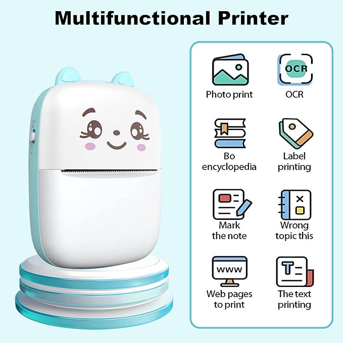 Mini Sticker Printer, Inkless Sticker printer with 5 Rolls Pape, Bluetooth Smart Pocket Printer Compatible with iOS & Android, Portable Thermal Printer for PicturesRetro-Style PhotosReceiptsNotes