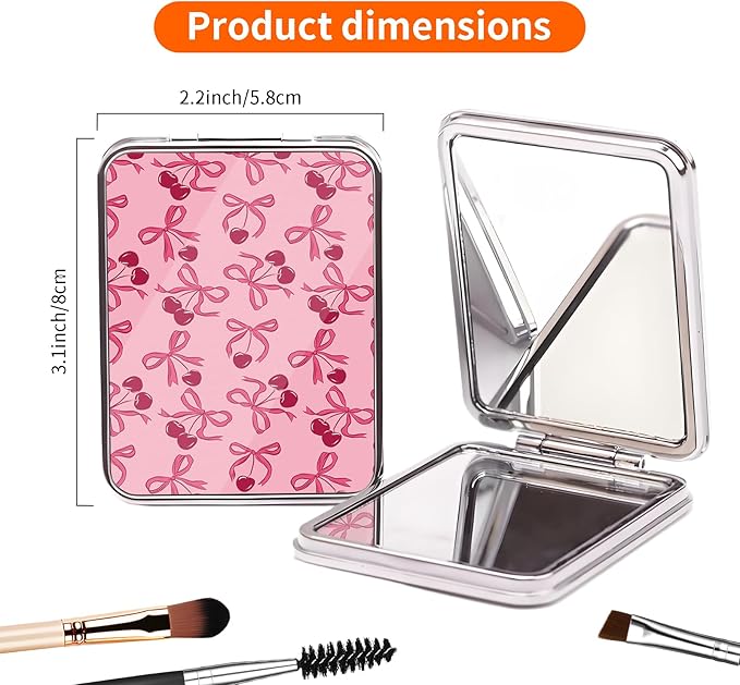 Compact Pocket Mirror, Cute Travel Mini Mirror with Magnification, Foldable Double-Sided Portable Cosmetic Mirror for Men, Women Pink Cherry Bow