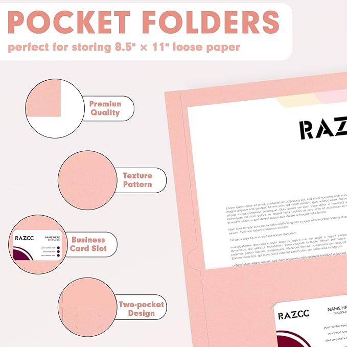 Two Pocket Folders, RAZCC 50 Pack 2 Pocket Folders Fit Letter Size Paper, Paper Folders with Pockets for School Office Business Home (Pink)