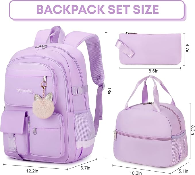 3PCS School Backpack For Student Women College Middle High Teen Girls Bookbag Waterproof Laptop Bag Purple