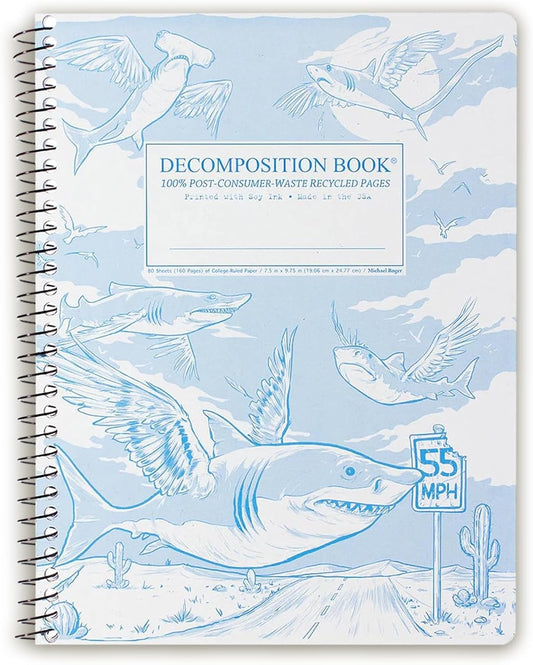 Decomposition Flying Sharks College Ruled Spiral Notebook - 9.75 x 7.5 Journal with 160 Lined Pages - 100% Recycled Paper - Notebooks for School Supplies, Home & Office - Made in USA