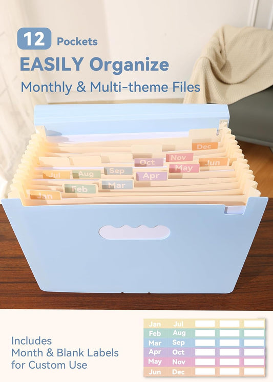 Accordion File Organizer 12 Pockets, Monthly Bill Receipt Tax Organizer, Expanding File Folders with Larger Bright Tabs, Fits Letter/A4 Size - Blue