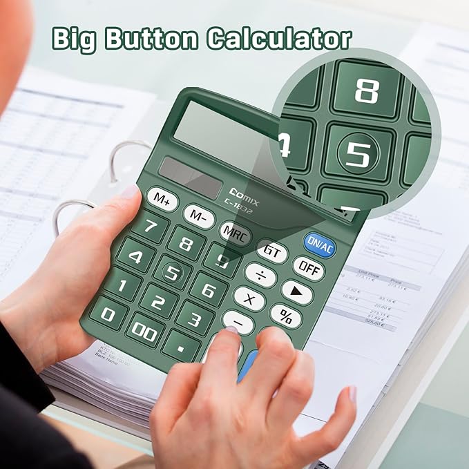 Comix Desktop Calculator 12 Digit with Large LCD Display and Big Button, 2-Pack, 12 Digits Baisc Calculator, Solar Battery Dual Powered, for Office Home School Green