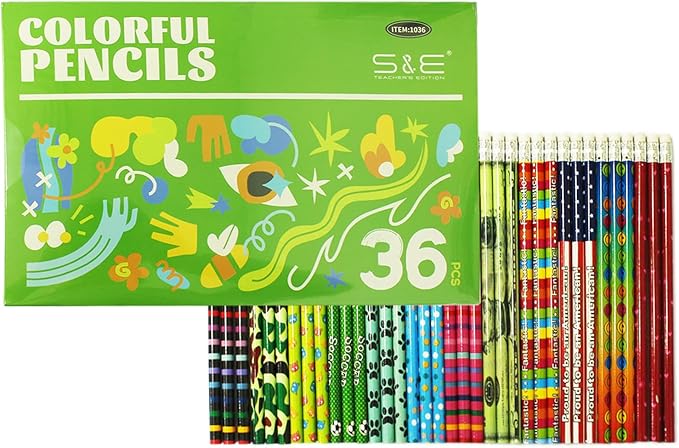 S & E TEACHER'S EDITION 36pcs Assorted Colorful Pencils, Wooden Pencil with Eraser, Pencil Assortment, Novelty Kids Pencils，Awards & Incentives, No. 2 HB, Back to school, 12 Designs.