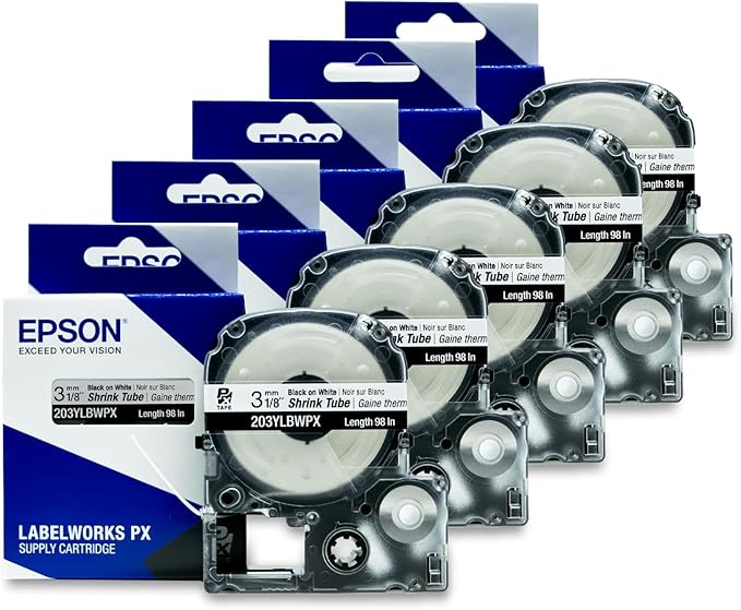 Epson LABELWORKS 203YLBWPX-5PK Genuine Tape Cartridge - 5 Unit Case Pack Black on White Shrink Tube Industrial Label Maker Tape - AWG 16-22, 1/8" (3MM) Wide, 8 ft (98") 5 Pack