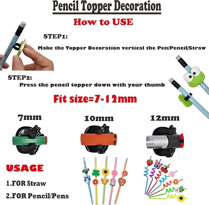 YEALQU 500PCS Random Different Pencil Topper Decoations Cute PVC Pencil Toppes Lovely Black Clip for Pupil/Junior Students Gifts Awards
