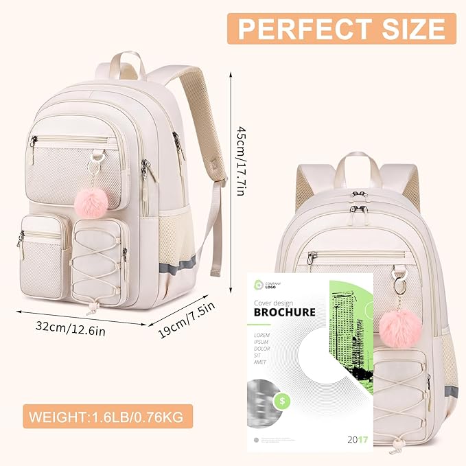 School Backpack for Teen Girls, Cute College Back Pack for Women, Kids Backpack for Girls, Middle Students School BookBag, 15.6 Inch Laptop Bag Travel Back Pack, Beige