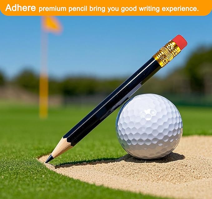 Adhere 50pcs Golf Pencils with Eraser Hexagon Wooden half Pencils Graphite 2B for Golf Event Scoring, Classroom, Wedding, Pew, Pocket | Free Pencil Sharpener (z-Black・Hexagon・50pcs)