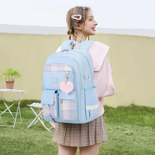 3PCS School Backpack For Student Women College Middle High Teen Girls Bookbag Waterproof Laptop Bag Plaid Blue