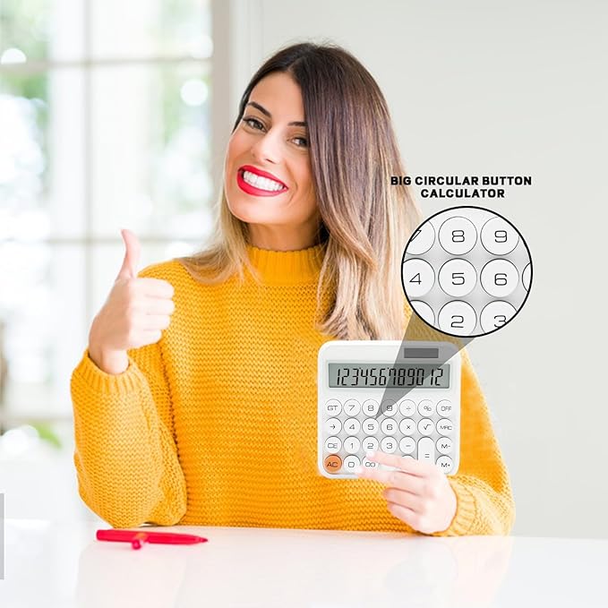 White Calculator, Standard Calculator 12 Digit with Large LCD Display and Big Buttons,White Office Supplies and Desk Accessories,Cute Calculator for Home, Office, School, Class and Business