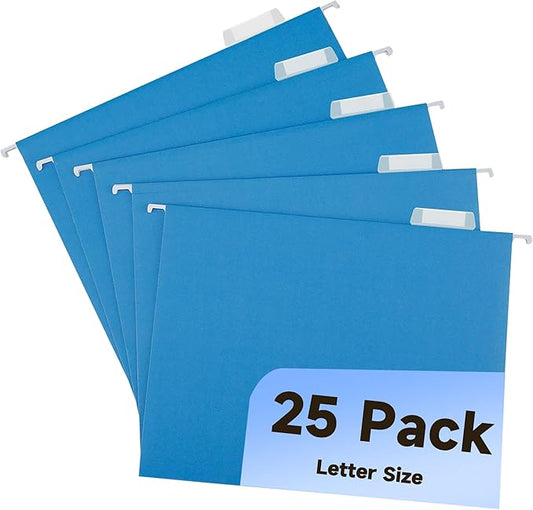 Blue 25 Pack Hanging Folder File Cabinet Organizer Letter Size 1/5 Cut Adjustable Label Decoration Home Office School Classroom