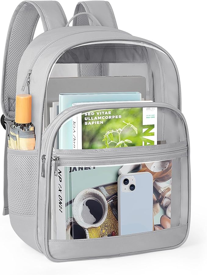 Clear Backpack, Heavy Duty Transparent Bookbag for School, Fabric & PVC Transparent Backpack with Reinforced Strap for Women Men, Capacity Clear Bag for College, Travel, Security, Grey