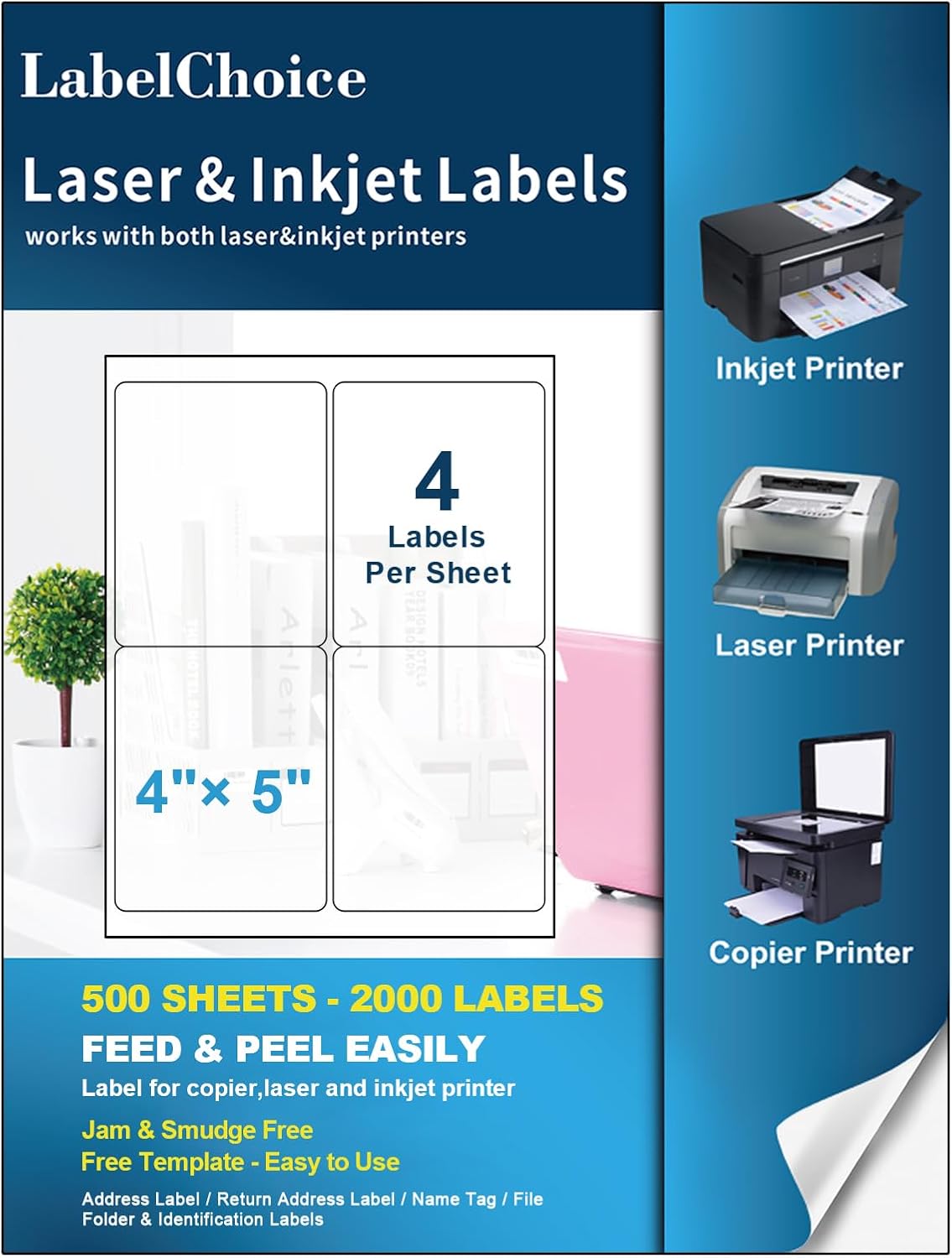 500 Sheets 2000 Labels 4"x5" 4 Up Shipping Address Labels for Laser & Inkjet Printers, Permanent Adhesive 4 per Page Shipping Stickers