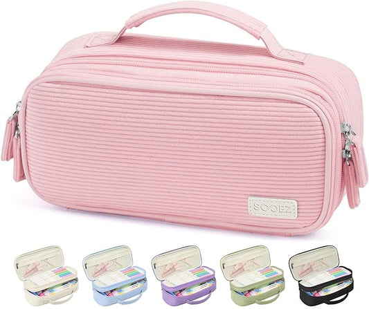 Sooez Large Pencil Case Pouch, Soft Corduroy Pencil Bag with Handle, Cute Pen Case, 5 Compartments, Wide Opening Pen Pouch Organizer with Zipper, Aesthetic School Supplies for Girls Women, Pink