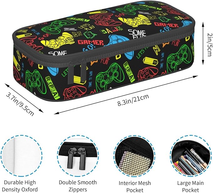Colorful Video Game Controller Large Pencil Case With Zipper Compartments Stationery Pencil Bag For Kids Teens Students School Supplies