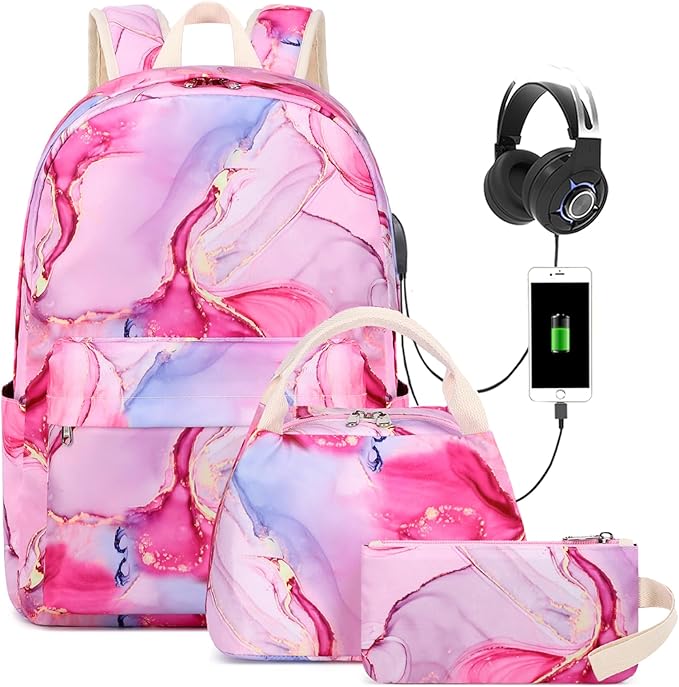 Teen Girls School Backpack Kids Bookbag Set with Lunch Box Pencil Case Travel Laptop Backpack Casual Daypacks, Large, Pink-marble