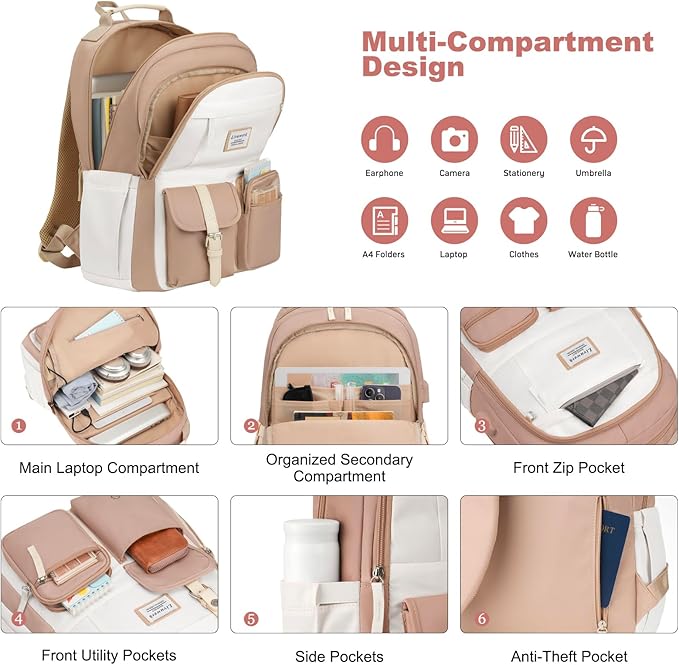 School Backpack BookBag for Teen Girl: 15.6 Inch Cute Laptop Backpacks for Middle High School Casual College Back Packs with USB Charging Port Aesthetic Daypack Travel Book Bag for Kids Students Women